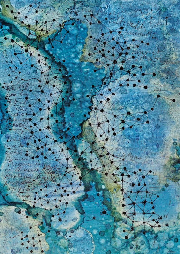 George Steinmann
Mitwelt (Umwelt und Innenwelt), 2018
Indigopigmento, Parisblue-pigment; Schellac, penna a sfera, matita
Courtesy l’artista